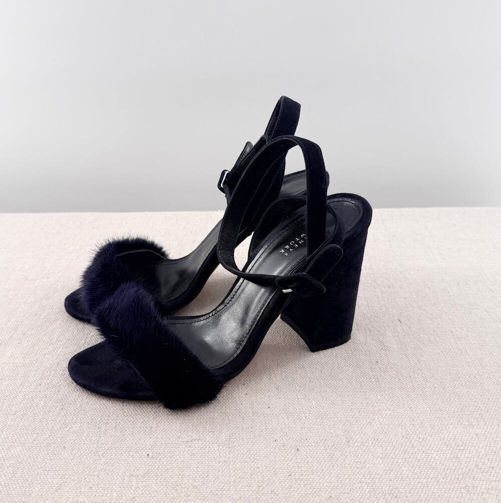 Barneys New York Suede Ankle Strap Block Heel Sandals with Mink Fur Blue EU 36.5